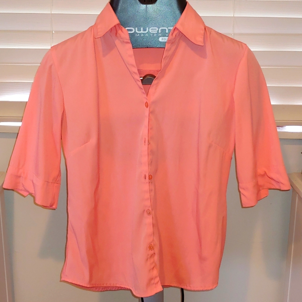 V-neck, coral, button down blouse
